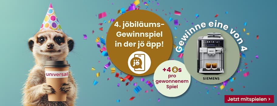 4. Jubiläums-Gewinnspiel in der jö App – Erdmännchen mit Partyhut und Kaffeebecher, Gewinne eine von 4 Siemens Kaffeemaschinen
