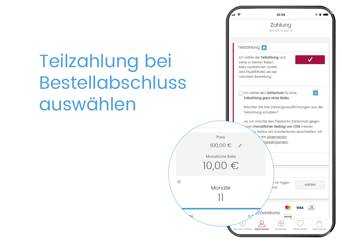 Teilzahlung bei Bestellabschluss auswählen