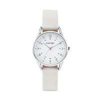 Weiße Armbanduhr mit silbernem Gehäuse und klarer Ziffernblattgestaltung, zeigt 10:10 Uhr an