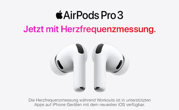 AirPods Pro 3 – Jetzt mit Herzfrequenzmessung. Zwei weiße AirPods vor grauem Hintergrund, Apple-Logo oben links.