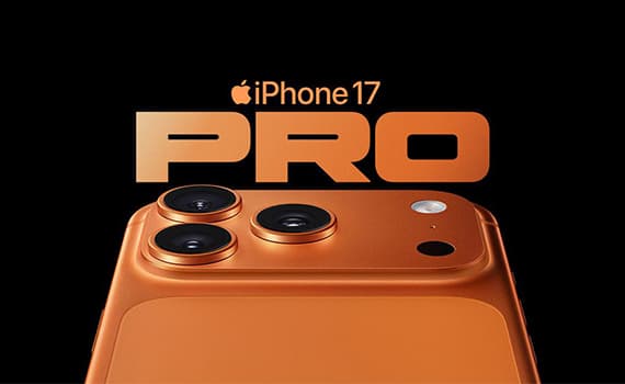 iPhone 17 Pro – Orangefarbenes Smartphone mit drei Kameralinsen und Blitz auf schwarzem Hintergrund