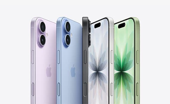 Vier iPhones nebeneinander in verschiedenen Farben – lila, blau, schwarz und grün – zeigen die Vorder- und Rückseite.