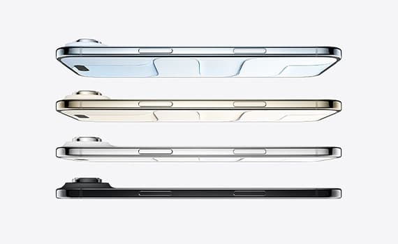 Vier nebeneinander liegende Smartphones, jeweils in den Farben Blau, Gold, Silber und Schwarz, zeigen ihre Seitenansicht.