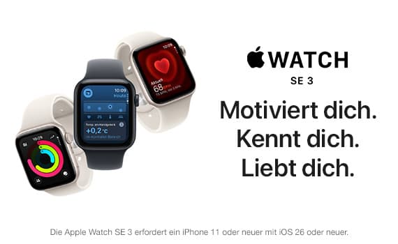 Apple Watch SE 3 – Motiviert dich. Kennt dich. Liebt dich. Drei Apple Watches zeigen Fitness-, Wetter- und Herzfrequenzanzeigen
