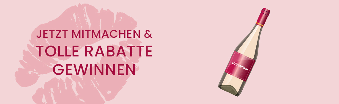 Jetzt mitmachen & tolle Rabatte gewinnen – Weinflasche und rote Kussabdrücke auf rosa Hintergrund