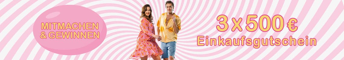 Mitmachen & Gewinnen – 3 x 500 € Einkaufsgutschein, zwei Personen in bunter Mode vor rosa Streifenhintergrund