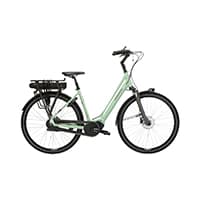 Helles City-E-Bike mit tiefem Einstieg, Gepäckträgerakku und geradem Lenker in Seitenansicht