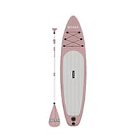 Rosa Stand-up-Paddle-Board mit passendem Paddel, oben Gepäckgummis und Tragegriff in der Mitte