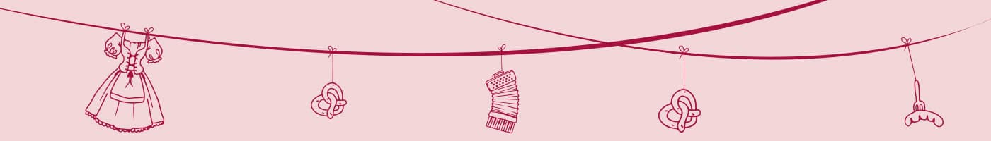 Illustration mit Wäscheleine, daran hängen Dirndl, Brezeln, Strumpf und Wurst im Stil eines Oktoberfest-Motivs