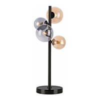 Moderne Tischlampe mit vier kugelförmigen Leuchten, zwei in Rauchglas und zwei in Kupferfarben, an schwarzem Ständer