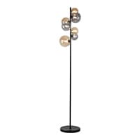 Stehlampe mit fünf runden Lampenschirmen in silber und gold, schwarzer Standfuß und Stange