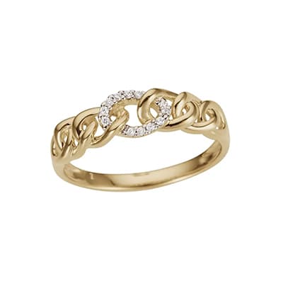 Goldener Ring mit ineinander verschlungenen Gliedern und einem mit kleinen Steinen besetzten Kreis.