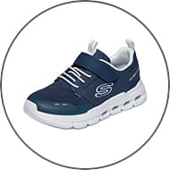 Blauer Sneaker mit weißen Akzenten und Klettverschluss.