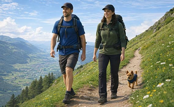 Zwei Personen und ein kleiner Hund wandern auf einem Bergpfad mit Blick auf ein Tal und Berge im Hintergrund.