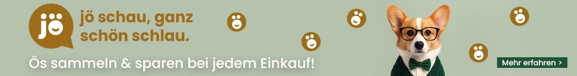 jö schau, ganz schön schlau. Ös sammeln & sparen bei jedem Einkauf! Hund mit Brille und Fliege schaut in die Kamera.