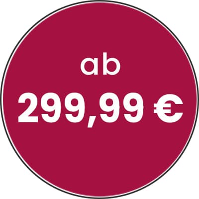 ab 299,99 € – runder Preisaufkleber auf dunkelrotem Hintergrund