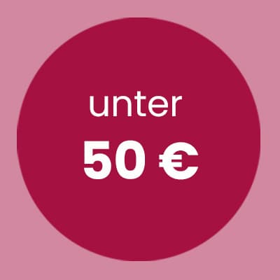 unter 50 € – weißer Schriftzug in rotem Kreis auf rosa Hintergrund