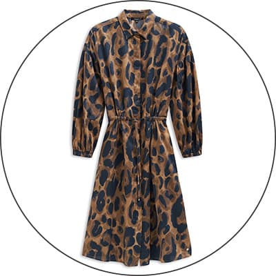 Knieumspielendes Hemdblusenkleid mit Leopardenmuster und Bindegürtel, lange Ärmel, durchgehende Knopfleiste