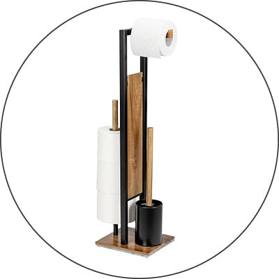 Freistehender WC-Butler mit Halter für Toilettenpapierrollen, integrierter Toilettenbürste und Ablage auf rechteckiger Bodenplatte