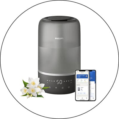 Graumelierter Philips Luftbefeuchter mit Digitalanzeige, daneben zwei Smartphones mit App und weiße Blüten