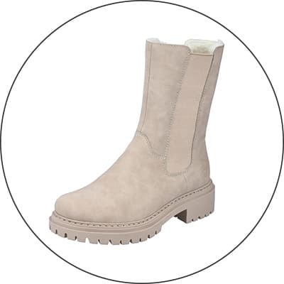 Hellbeiger Damenstiefel mit mittelhohem Schaft und breiter Profilsohle, seitliche Elastikeinsätze, Ansicht von der Seite