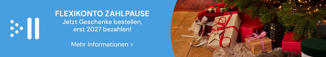 FLEXIKONTO ZAHLPAUSE – Jetzt Geschenke bestellen, erst 2027 bezahlen, Geschenke liegen verpackt unter einem Weihnachtsbaum