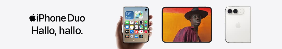 Apple iPhone Duo – Hallo, hallo – Hand hält aufgeklapptes iPhone neben großem Display und Rückseite mit zwei Kameras