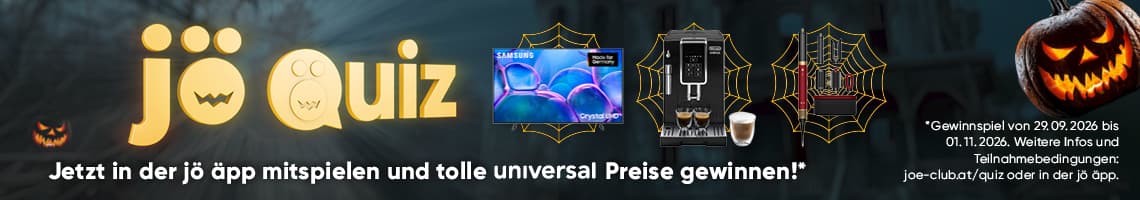 jöö Quiz – jetzt in der jö app mitspielen und tolle universal Preise gewinnen, Halloween-Motive mit TV, Kaffeemaschine, Regal