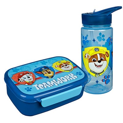 Blaue Jausenbox und Trinkflasche im PAW Patrol-Design