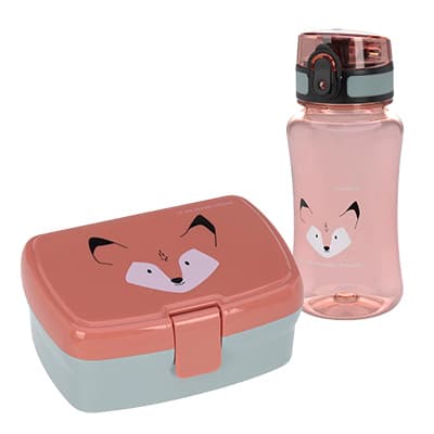 Orange-braune Jausenbox und Trinkflasche im Fuchs-Design