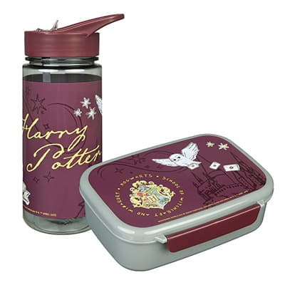 Rot-braune Jausenbox und Trinkflasche im Harry Potter-Design