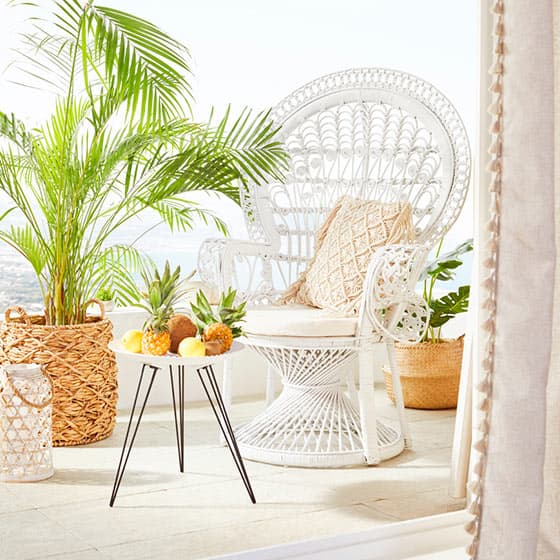 Weißer Rattansessel mit beigem Kissen, Tisch mit Ananas und Kokosnüssen, grüne Pflanzen in Körben im Hintergrund