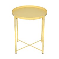 Runder gelber Beistelltisch mit vier schlanken Beinen und X-förmiger Verstrebung