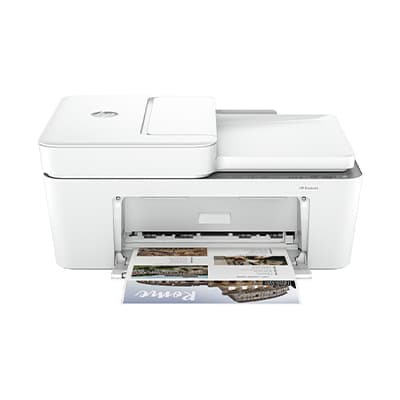 Weißer Drucker druckt ein farbiges Bild mit dem Text "Rome" in blauer Schrift