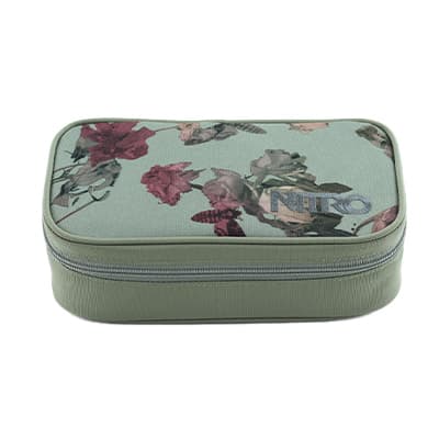 Grüne Box mit Blumenmuster und Nitro-Logo auf dem Deckel, rechteckige Form mit Reißverschluss
