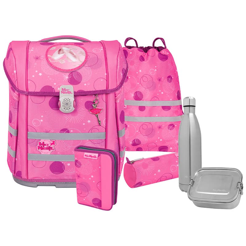 McNeill Schulranzen-Set in Pink mit passenden Zubehörteilen wie Trinkflasche, Brotdose, Turnbeutel und Federmäppchen