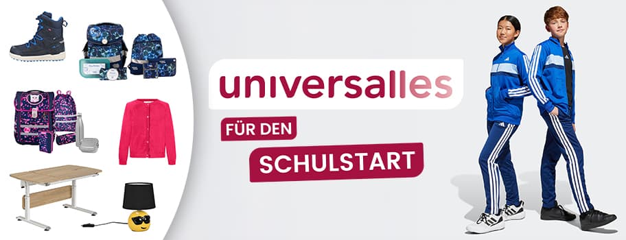universalles für den Schulstart – Schulmaterial, pinke Strickjacke, Schreibtisch, Lampe, zwei Kinder in Sportkleidung