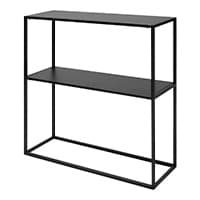 Schwarzes Regal mit zwei Ebenen und filigranem Metallrahmen, geeignet für Bücher, Dekoration und Aufbewahrung