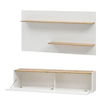 Zwei weiße Wandregale mit hellen Holzböden, eines mit zwei offenen Fächern und das andere mit zwei schwebenden Regalböden.