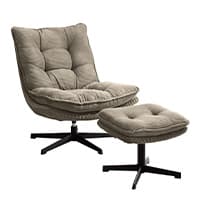 Beiger Sessel mit passendem Hocker auf schwarzem Gestell