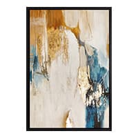 Abstraktes Gemälde mit blauen, weißen und goldenen Farbakzenten in schwarzem Rahmen