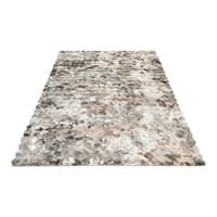 Rechteckiger Teppich mit gemusterten Grautönen und beigem Farbmix, flach liegend auf weißem Hintergrund