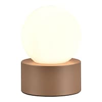 Runde Tischlampe mit weißem Leuchtkörper und zylindrischem Sockel