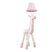 Einhornförmige Lampe mit rosa Schirm, weiß-rosa gestreifte Beine und rosa Flecken auf Körper und Nacken