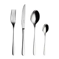 Essbesteck-Set bestehend aus Gabel, Messer, Suppenlöffel und Teelöffel in Silberfarben auf weißem Hintergrund.