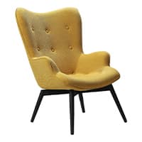 Gelber Sessel mit hoher Rückenlehne und Knöpfen, auf schwarzen Beinen stehend