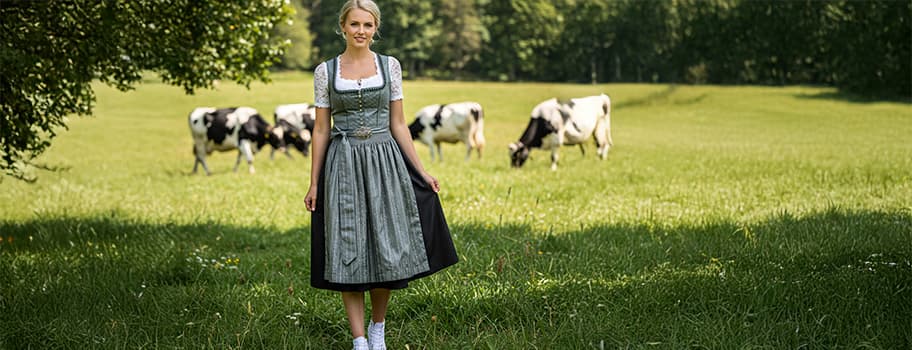Frau in traditionellem Dirndl steht auf einer grünen Wiese, im Hintergrund grasen Kühe.