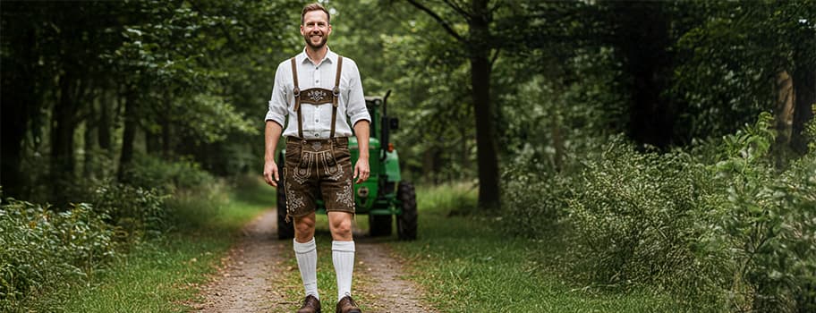 Mann in traditioneller Lederhose und weißem Hemd geht auf Waldweg, ein grüner Traktor ist im Hintergrund zu sehen.