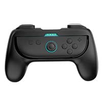Schwarzer Gaming-Controller mit mehreren Knöpfen und einem Joystick in der Mitte, blau leuchtende Lichter am oberen Rand
