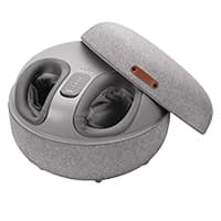 Graues Fußmassagegerät mit abnehmbarer Abdeckung, zwei Fußöffnungen und Bedienfeld mit LED-Anzeigen und Tasten in der Mitte